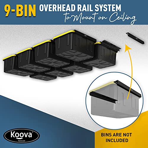 Koova Overhead Bin Rack for Nine Bins | Overhead Garage Storage Rack to Mount on Ceiling with Adjustable Width | Supports Most Black and Yellow Storage Bins | 9 Sets - StorageandmoreStorage