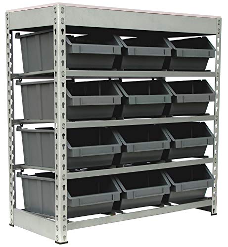 King's Rack Bin Rack Boltless Steel Storage System Organizer w/ 12 Plastic Bins in 4 tiers - StorageandmoreStorage