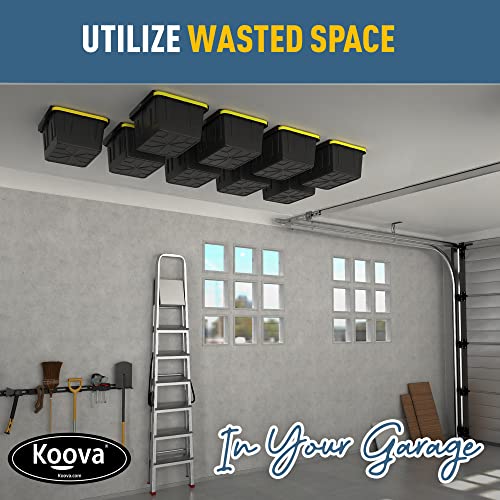 Koova Overhead Bin Rack for Nine Bins | Overhead Garage Storage Rack to Mount on Ceiling with Adjustable Width | Supports Most Black and Yellow Storage Bins | 9 Sets - StorageandmoreStorage