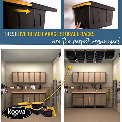 Koova Overhead Bin Rack for Nine Bins | Overhead Garage Storage Rack to Mount on Ceiling with Adjustable Width | Supports Most Black and Yellow Storage Bins | 9 Sets - StorageandmoreStorage