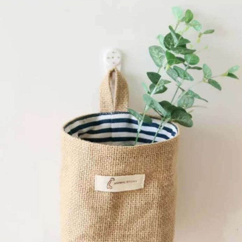 Jute Cotton Linen Bag Desktop Storage Basket Hanging Pocket Small Sack Sundries Storage Box With Handle Cosmetic Storage Bag - StorageandmoreStorage