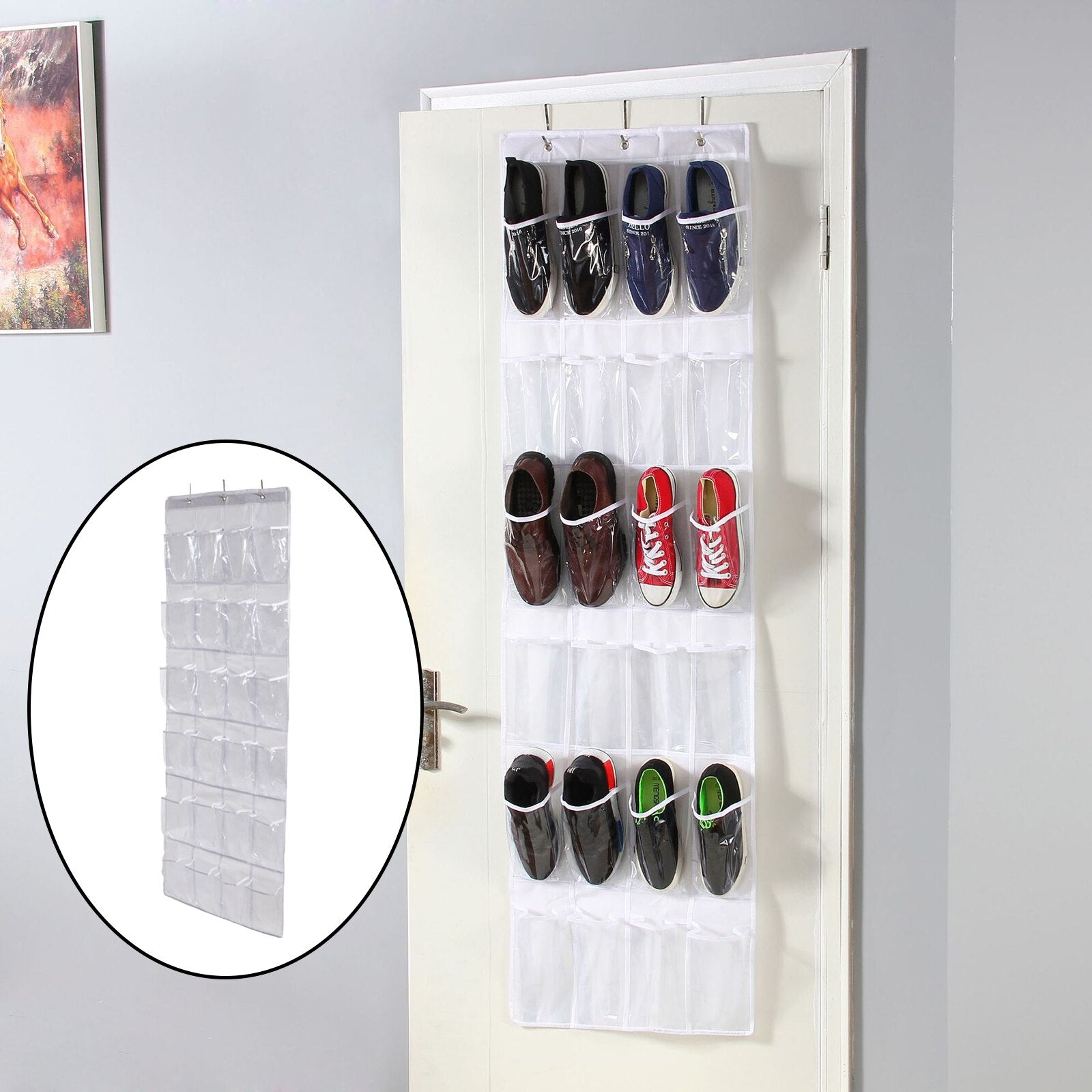 Over The Door Shoe Organizer, Clear Hanging Shoe Rack, Fabric Closet Shoe Organizer Storage Bag, 24 Large Pockets - StorageandmoreStorage