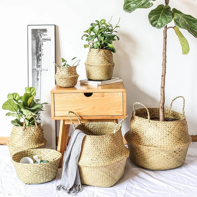 LuanQI Wicker Basket Toy Organizer Folding Rattan Seagrass Storage Basket Laundry Woven Basket Plant Flower Pot For Home Garden - StorageandmoreStorage