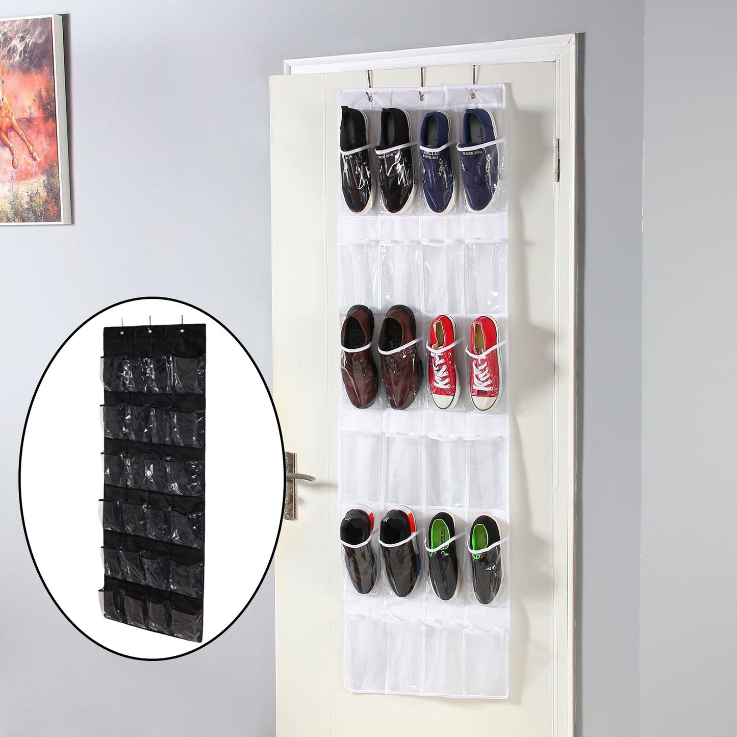 Over The Door Shoe Organizer, Clear Hanging Shoe Rack, Fabric Closet Shoe Organizer Storage Bag, 24 Large Pockets - StorageandmoreStorage