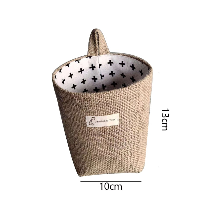 Jute Cotton Linen Bag Desktop Storage Basket Hanging Pocket Small Sack Sundries Storage Box With Handle Cosmetic Storage Bag - StorageandmoreStorage