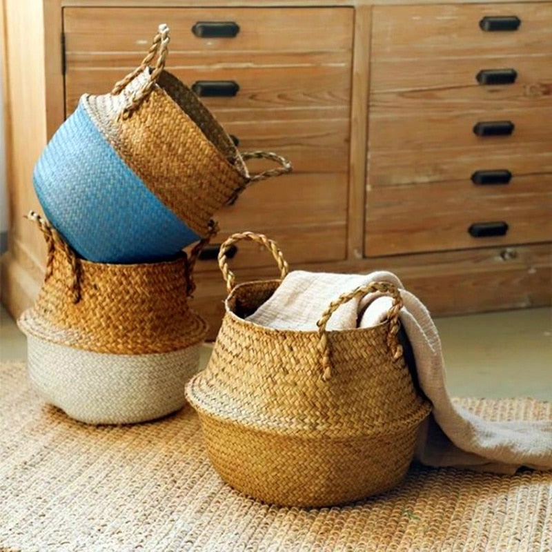 Storage-Baskets Natural Seagrass Belly Baskets Laundry Basket Decorative Flower Pot Cover Closet Storage Bin Organizer - StorageandmoreStorage