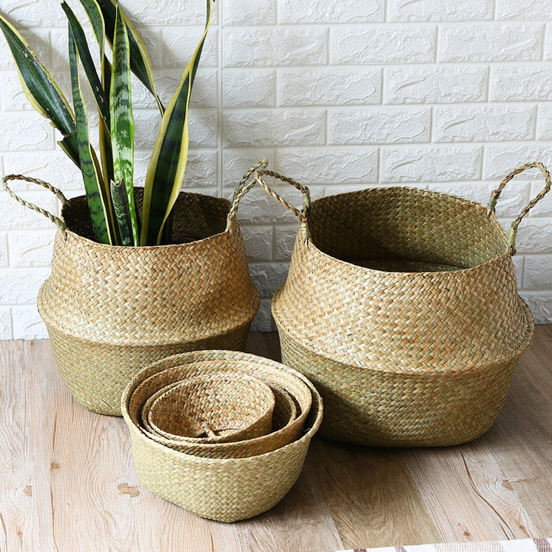 LuanQI Wicker Basket Toy Organizer Folding Rattan Seagrass Storage Basket Laundry Woven Basket Plant Flower Pot For Home Garden - StorageandmoreStorage