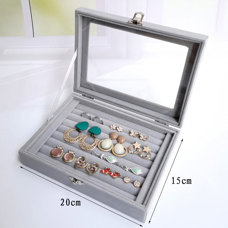 Velvet Glass Ring Earring Jewelry Display Organizer Box Tray Holder Storage Case - StorageandmoreStorage