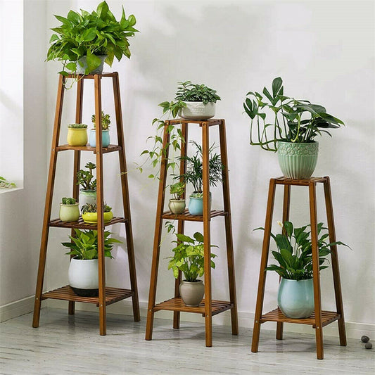 77/97/117cm Tall Bamboo Plant Stand Flower Pot Display Rack Shelf Indoor Outdoor - StorageandmoreStorage