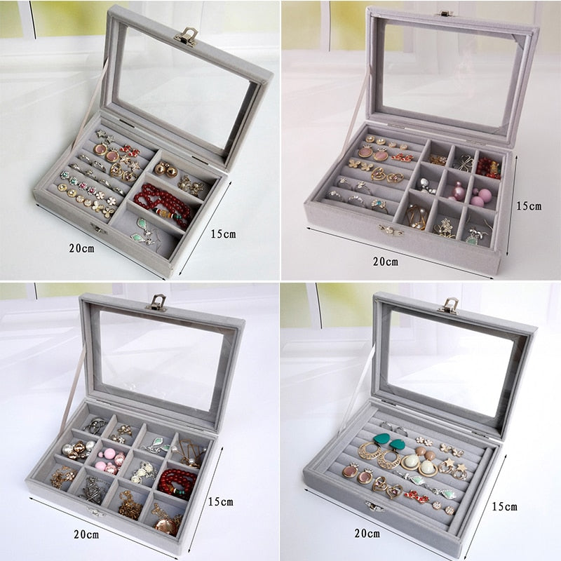 Velvet Glass Ring Earring Jewelry Display Organizer Box Tray Holder Storage Case - StorageandmoreStorage