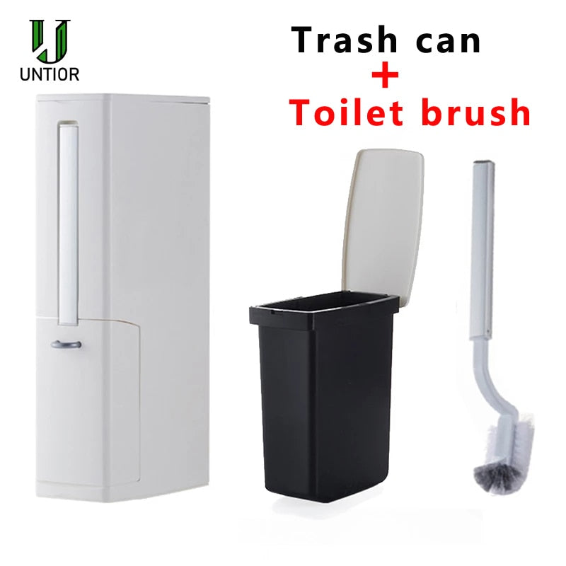 UNTIOR 3 in1 Narrow Trash Can Plastic Waste Bin with Toilet Brush Garbage Bucket Dustbin Kitchen Bathroom Cleaning Trash Bin - StorageandmoreStorage