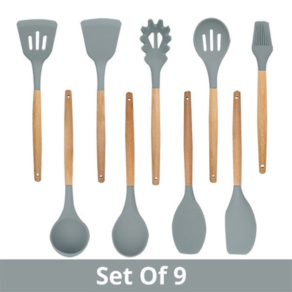 Silicone Cooking Utensils Kitchen Utensil Set - Non-stick Spatula Shovel Natural Acacia Wooden Handle Kitchen Tools - StorageandmoreStorage