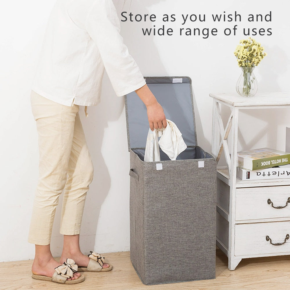 With Cover Cotton Linen Folding Laundry Hamper Large Storage Waterproof Dirty Clothes Bucket Home Laundry Basket Storage Basket - StorageandmoreStorage