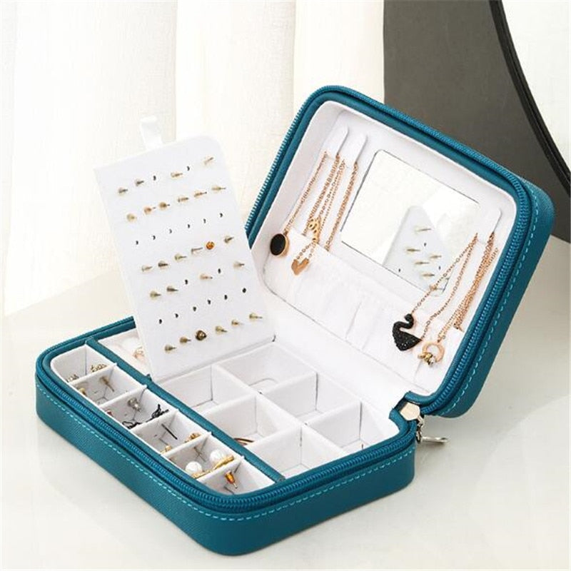 WE Portable PU Leather Zipper Jewelry Box with Mirror Travel Jewelry Organizer Multifunction Necklace Earring Ring Storage Box - StorageandmoreStorage