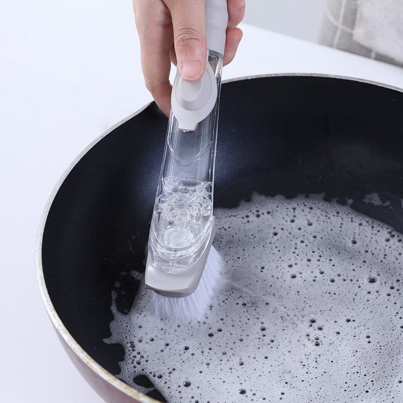 Dishwashing Device Kitchen Cleaning Brush 2 Brush Head 2 Sponge Automatic Plus Detergent Brush Long Handle Hydraulic Wash Pot - StorageandmoreStorage