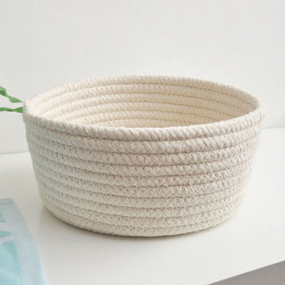 Hand-woven Basket Knitting Cotton Hamper Round Storage Plate Organizer for Bedside Tabletop Snacks Sundries Key Cosmetics - StorageandmoreStorage