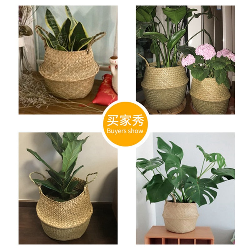 LuanQI Wicker Basket Toy Organizer Folding Rattan Seagrass Storage Basket Laundry Woven Basket Plant Flower Pot For Home Garden - StorageandmoreStorage