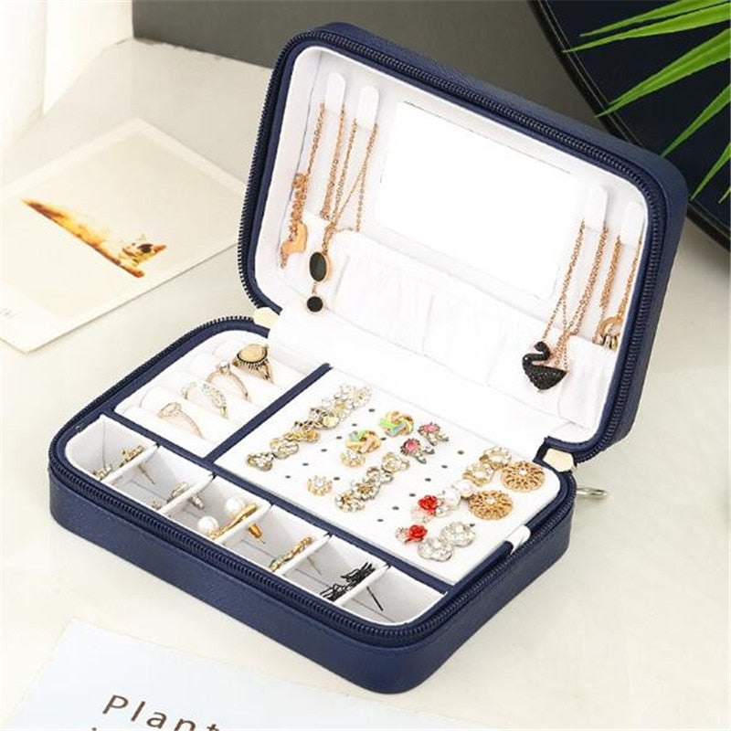 WE Portable PU Leather Zipper Jewelry Box with Mirror Travel Jewelry Organizer Multifunction Necklace Earring Ring Storage Box - StorageandmoreStorage