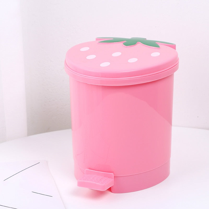 Cute Pink Red Strawberry Waste Bin Desktop Portable Plastic Mini Garbage Basket Home Bedroom Storage Bucket Trash Can With Lid - StorageandmoreStorage