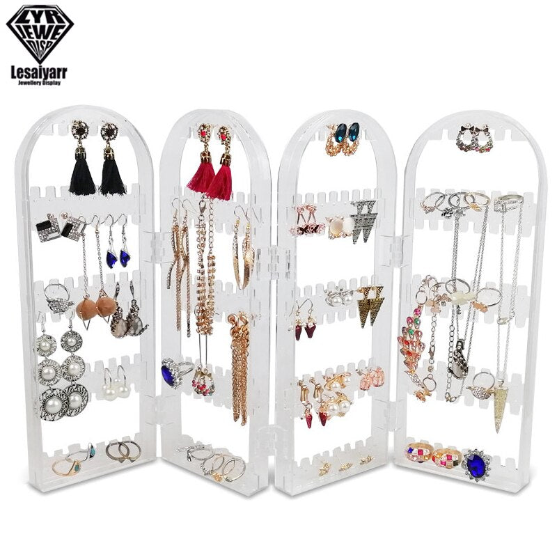 2/3/4 Fans Panels Screen Folding Clear Earrings Studs Display Rack Necklace Jewelry Shelf Stand Holder Organizer Storage Box - StorageandmoreStorage