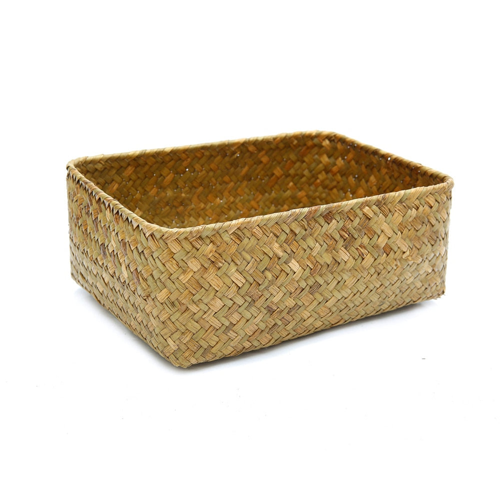 Weaving Storage Basket Rattan Fruit Storage Box Handmade Tea Holder Seagrass Picnic Basket Wickerwork Cosmetics Organizer - StorageandmoreStorage