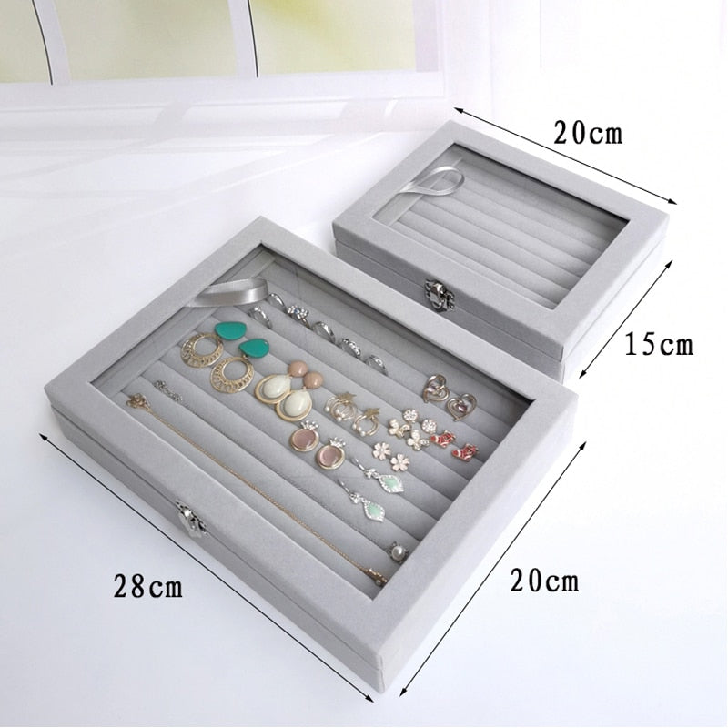 Velvet Glass Ring Earring Jewelry Display Organizer Box Tray Holder Storage Case - StorageandmoreStorage