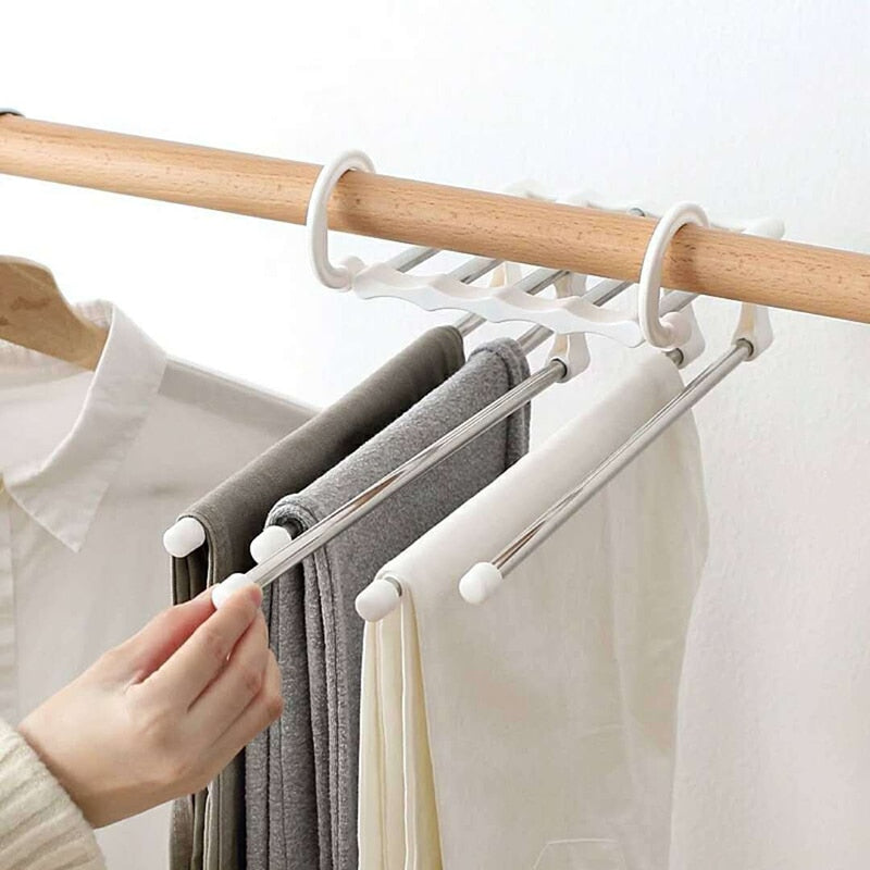 Magic 5 in 1 pant Hanger Stainless Steel Trousers Storage Racks Multifunctional Coat Tie Storage Organization Space Saver - StorageandmoreStorage