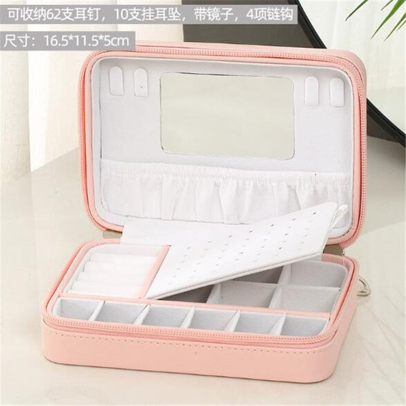 WE Portable PU Leather Zipper Jewelry Box with Mirror Travel Jewelry Organizer Multifunction Necklace Earring Ring Storage Box - StorageandmoreStorage