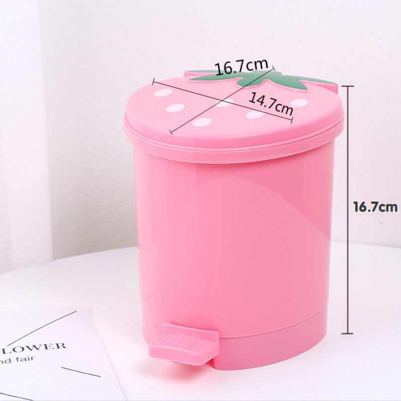 Cute Pink Red Strawberry Waste Bin Desktop Portable Plastic Mini Garbage Basket Home Bedroom Storage Bucket Trash Can With Lid - StorageandmoreStorage