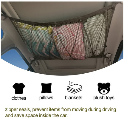 Portable Car Ceiling Storage Net Pocket Roof Interior Cargo Net Bag Car Trunk Storage Pouch Sundries Storage Organizer - StorageandmoreStorage