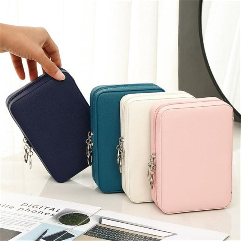 WE Portable PU Leather Zipper Jewelry Box with Mirror Travel Jewelry Organizer Multifunction Necklace Earring Ring Storage Box - StorageandmoreStorage