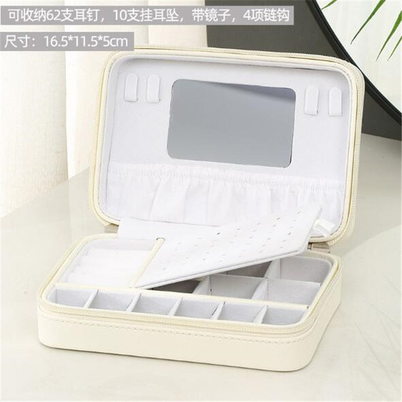 WE Portable PU Leather Zipper Jewelry Box with Mirror Travel Jewelry Organizer Multifunction Necklace Earring Ring Storage Box - StorageandmoreStorage