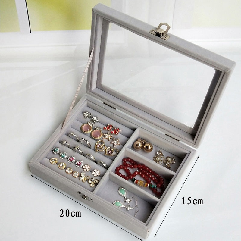 Velvet Glass Ring Earring Jewelry Display Organizer Box Tray Holder Storage Case - StorageandmoreStorage