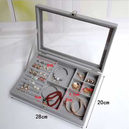 Velvet Glass Ring Earring Jewelry Display Organizer Box Tray Holder Storage Case - StorageandmoreStorage