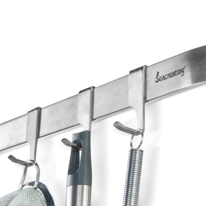 Seacreating 46CM Home Storage Kitchen Rail with 5 Hooks Wall Mounted Wrought Stainless Steel Hanging Utensil Holder Rack - StorageandmoreStorage