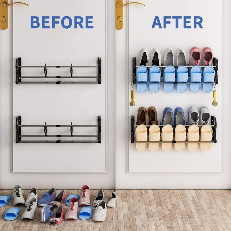 New 2-Pack over the Door Shoe Rack, Wall Hanging Door Shoe Rack Organizer, Adhesive Shoe Organizer Wall Mounted with S-Shape - StorageandmoreStorage