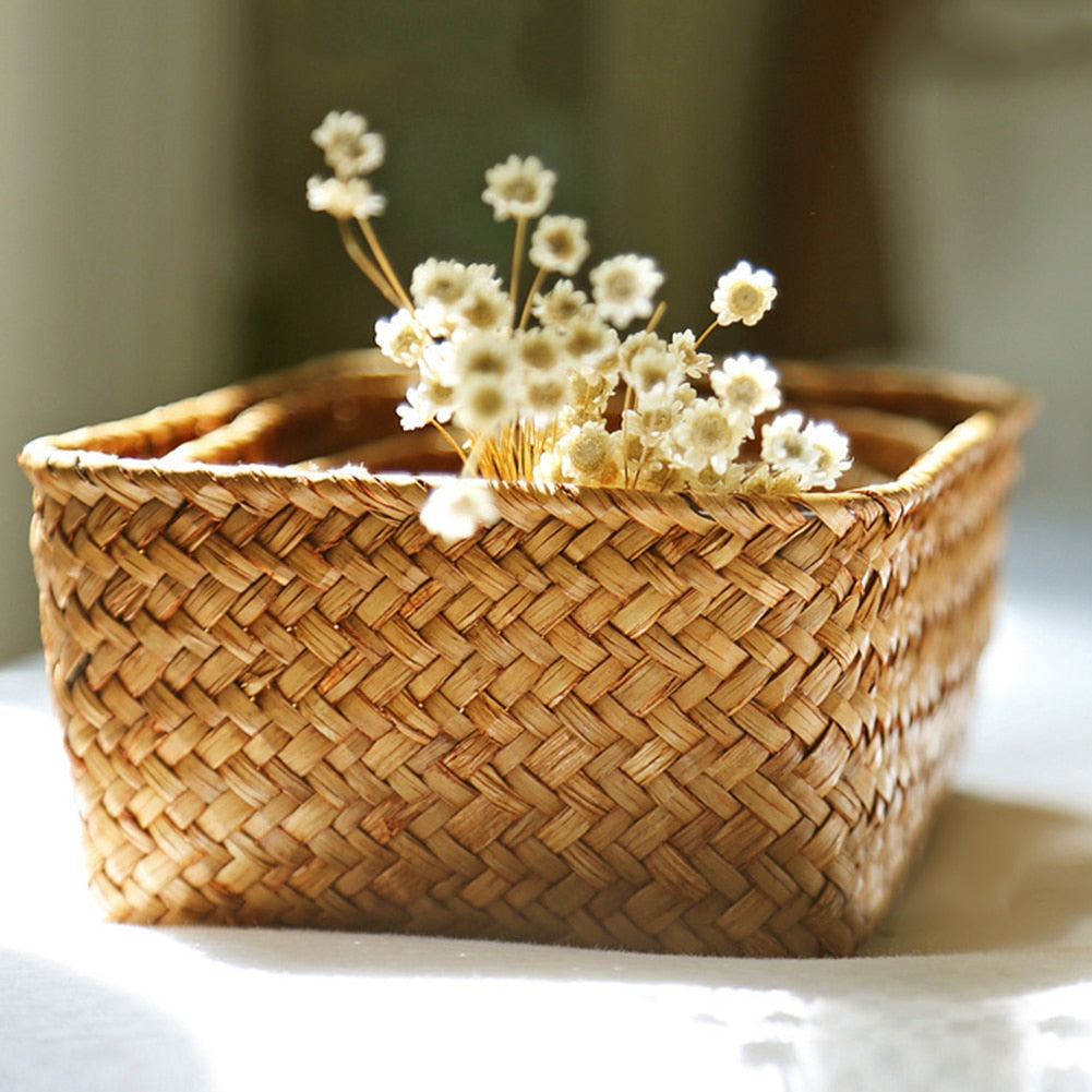 Weaving Storage Basket Rattan Fruit Storage Box Handmade Tea Holder Seagrass Picnic Basket Wickerwork Cosmetics Organizer - StorageandmoreStorage