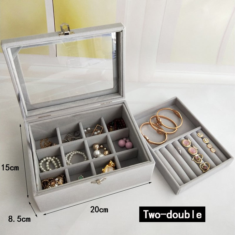 Velvet Glass Ring Earring Jewelry Display Organizer Box Tray Holder Storage Case - StorageandmoreStorage