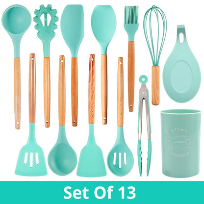 Silicone Cooking Utensils Kitchen Utensil Set - Non-stick Spatula Shovel Natural Acacia Wooden Handle Kitchen Tools - StorageandmoreStorage