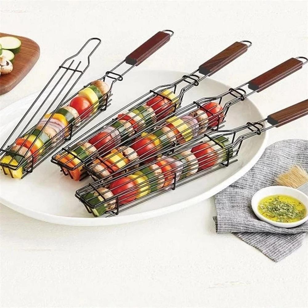 Portable Kabob BBQ Grilling Basket Stainless Steel Nonstick Barbecue Grill Basket Tools Mesh Kitchen Tools Kitchen Accessories - StorageandmoreStorage