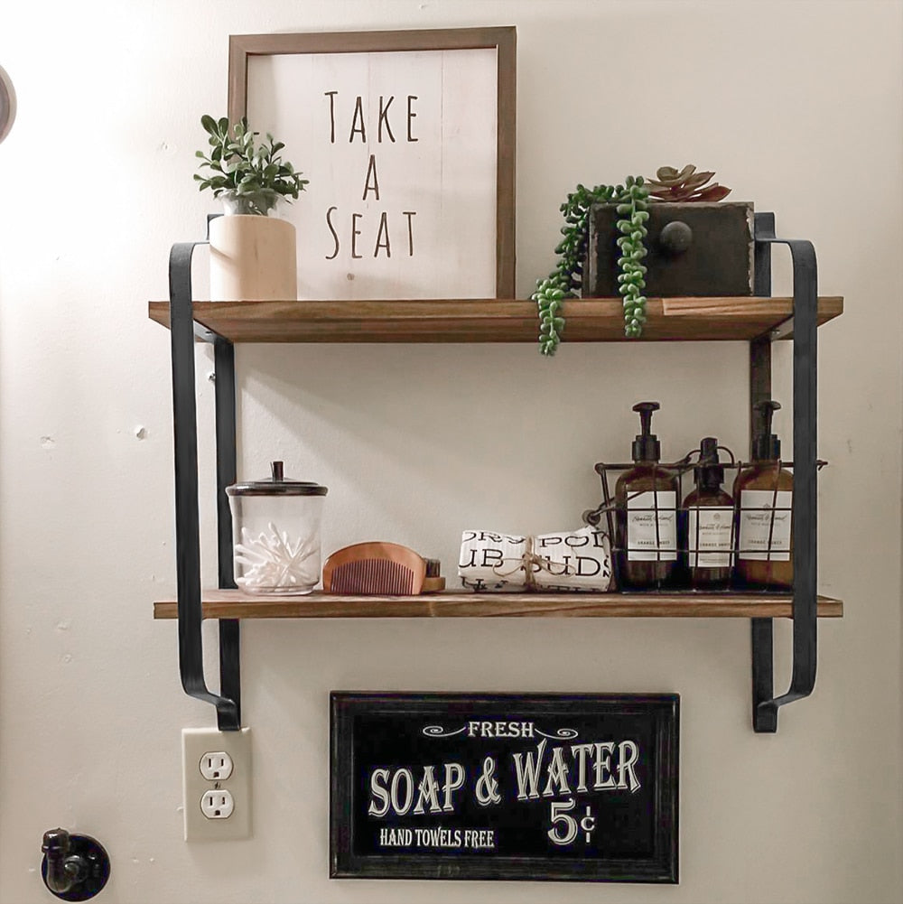 Large Rustic Industrial Pipe Wall Floating Shelf Wooden Storage Shelving Unit - StorageandmoreStorage