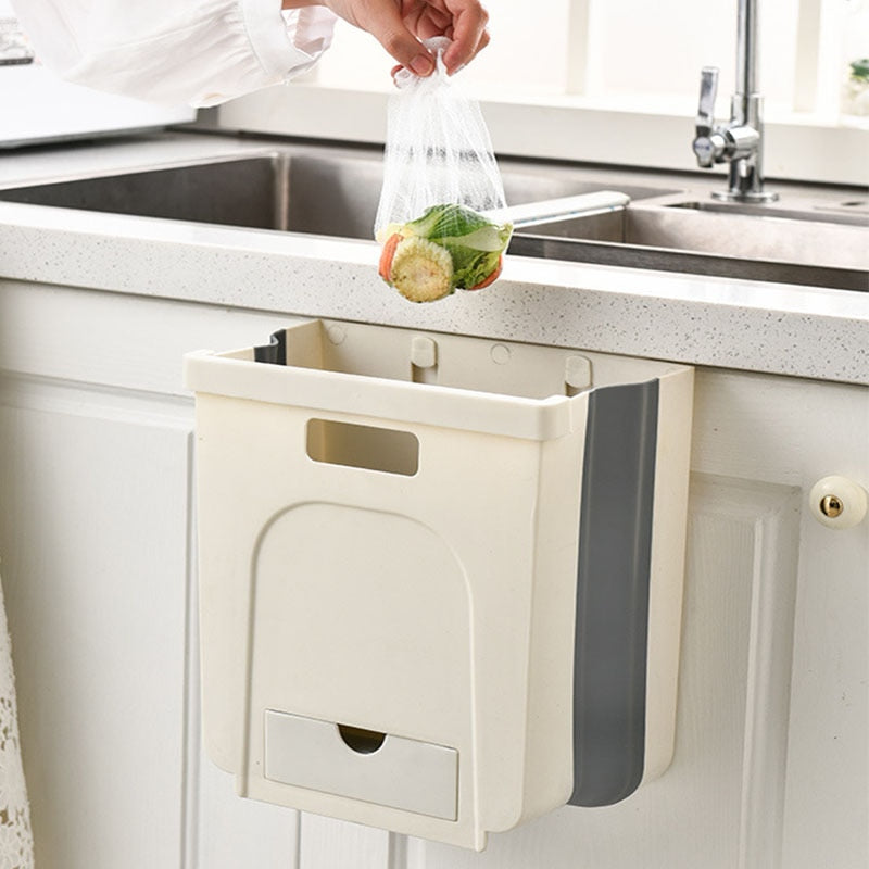 Wall Mounted Folding Waste Bin Kitchen Cabinet Door Hanging Trash Bin Garbage Car Trash Can Wall Mounted Foldable Cleaning - StorageandmoreStorage