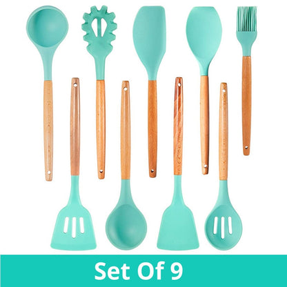 Silicone Cooking Utensils Kitchen Utensil Set - Non-stick Spatula Shovel Natural Acacia Wooden Handle Kitchen Tools - StorageandmoreStorage