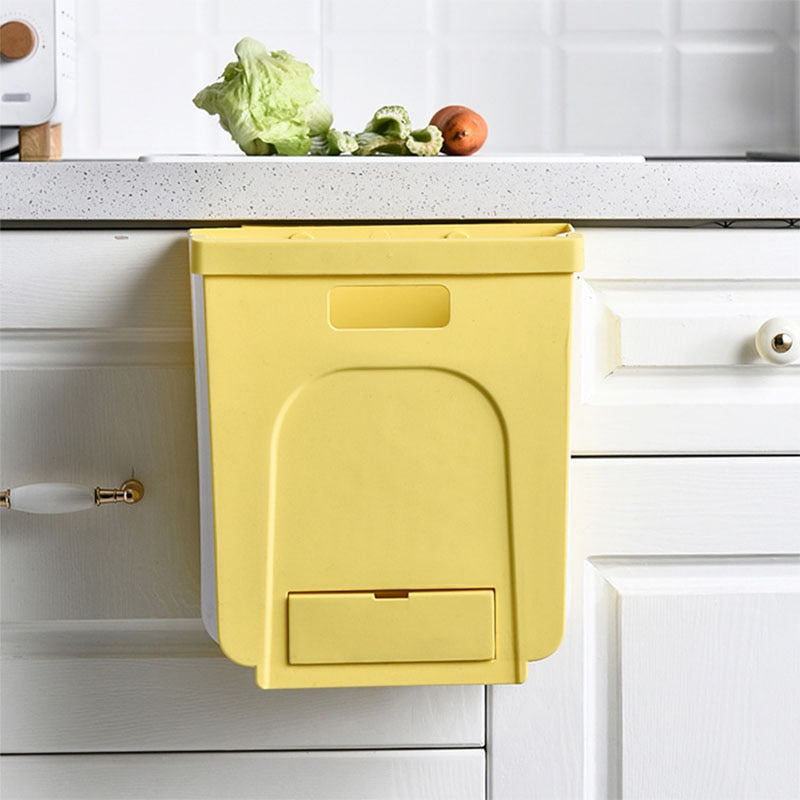 Wall Mounted Folding Waste Bin Kitchen Cabinet Door Hanging Trash Bin Garbage Car Trash Can Wall Mounted Foldable Cleaning - StorageandmoreStorage