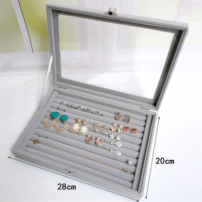 Velvet Glass Ring Earring Jewelry Display Organizer Box Tray Holder Storage Case - StorageandmoreStorage