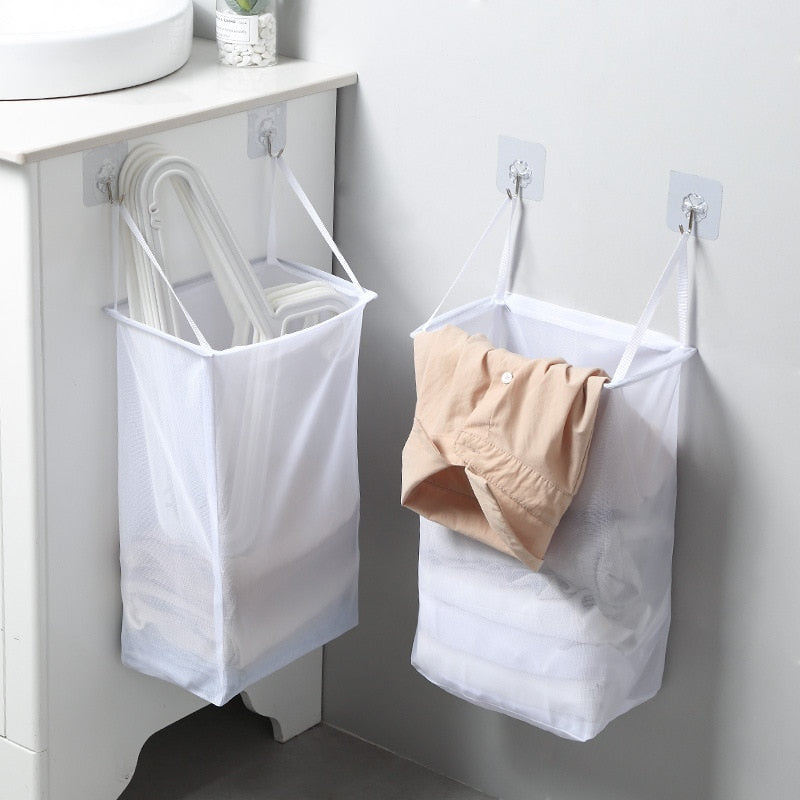 Bathroom Wall Hanging Laundry Basket Folding Dirty Clothes Hamper Mesh Storage Bag Sundries Organizers Kids Toys Frame Bucket - StorageandmoreStorage