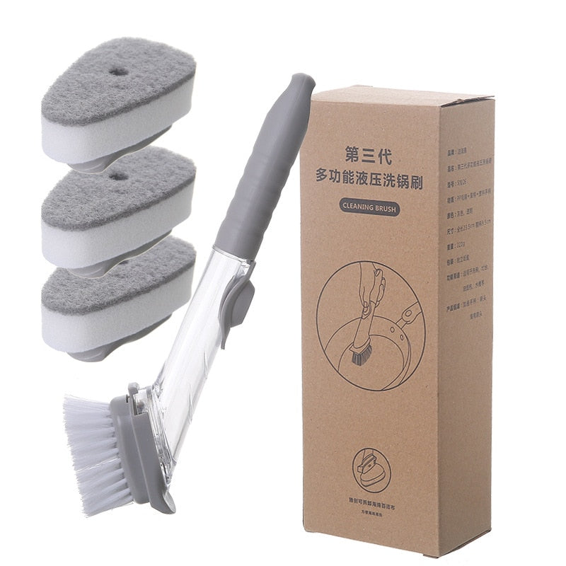 Dishwashing Device Kitchen Cleaning Brush 2 Brush Head 2 Sponge Automatic Plus Detergent Brush Long Handle Hydraulic Wash Pot - StorageandmoreStorage