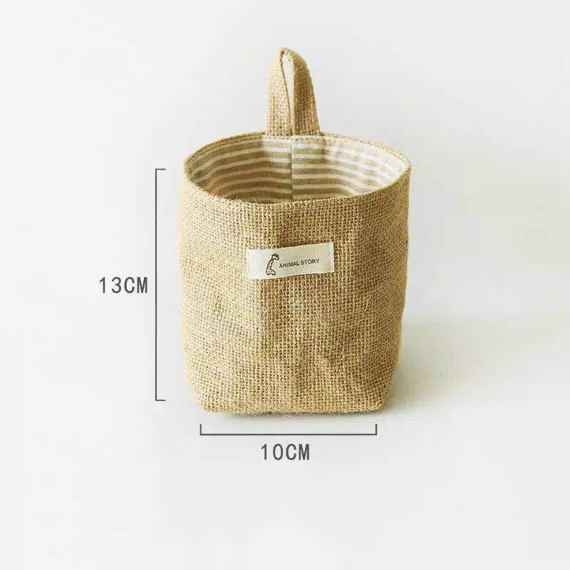 Jute Cotton Linen Bag Desktop Storage Basket Hanging Pocket Small Sack Sundries Storage Box With Handle Cosmetic Storage Bag - StorageandmoreStorage