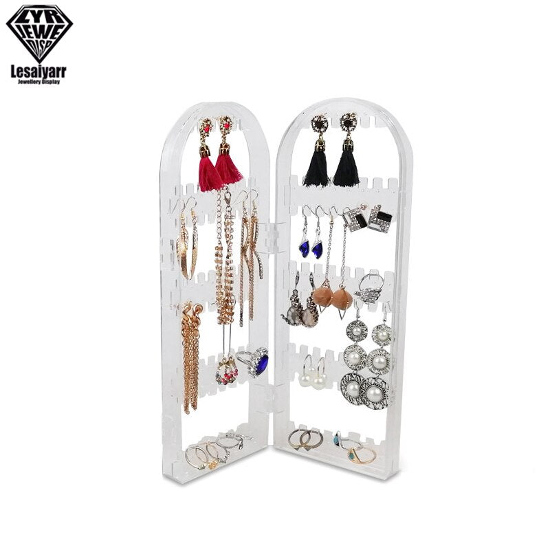 2/3/4 Fans Panels Screen Folding Clear Earrings Studs Display Rack Necklace Jewelry Shelf Stand Holder Organizer Storage Box - StorageandmoreStorage