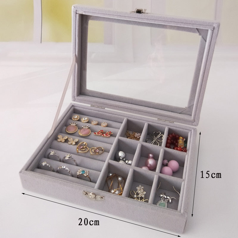 Velvet Glass Ring Earring Jewelry Display Organizer Box Tray Holder Storage Case - StorageandmoreStorage